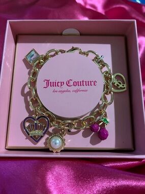 Juicy Couture Gold Charm Bracelet with Pink Berry and Pearl Accents